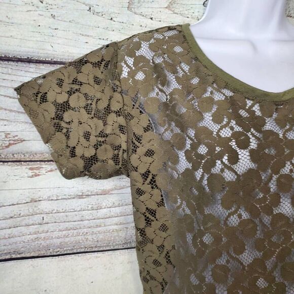 H&M Women’s Olive Green Sheer Floral Lace Short Sleeve Top Size M - Picture 2 of 5